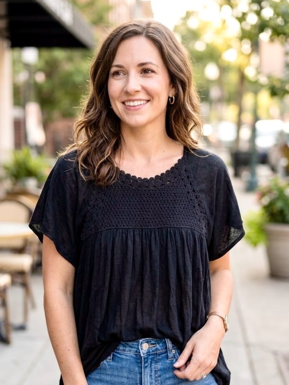 LOFT Black Crochet Yoke Short-Sleeve Top